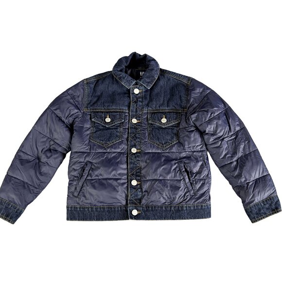 GAP Denim Puffer Jacket Boys M – Quilted Colorblock Denim & Nylon Retro Trucker - Picture 1 of 11